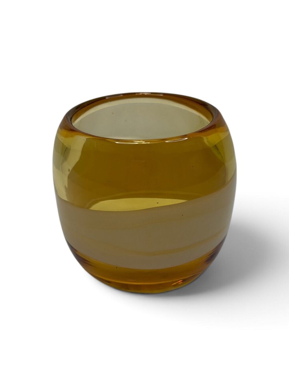 CRATE AND BARREL LIGHT AMBER CANDLE HOLDER THICK CLEAR BOTTOM 3.5 INCHES